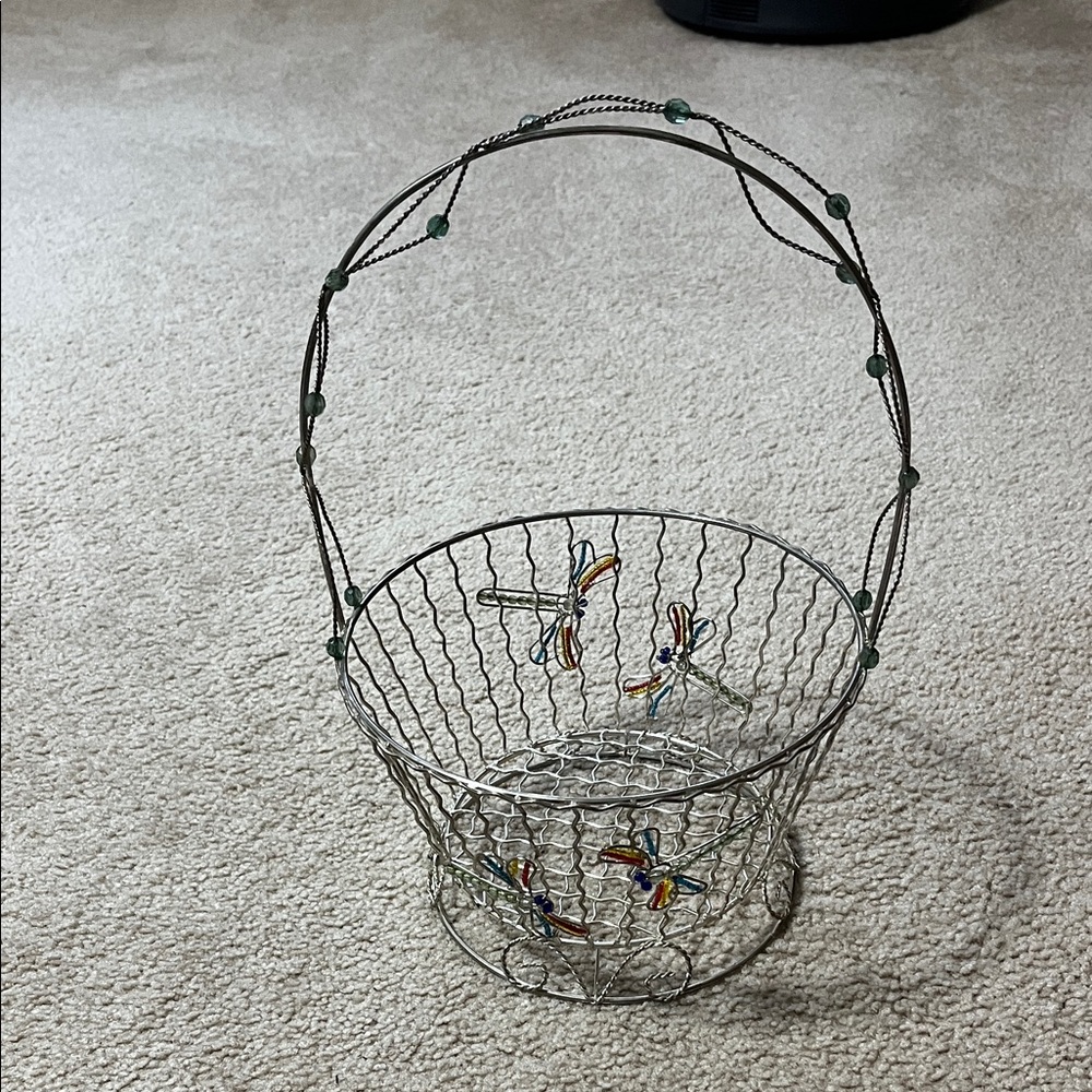 Wire Basket with Beaded Handle- dragonfly accents